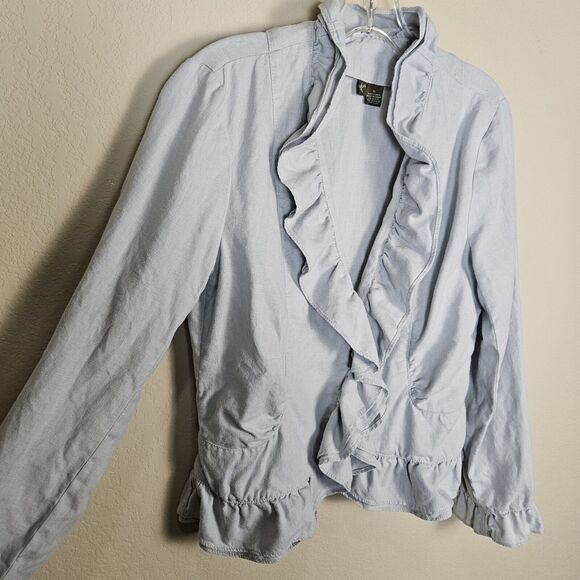 FEI Anthropologie Linen Jacket Blazer Size 8 Ruffle Lightweight Designer Coastal - Picture 14 of 15